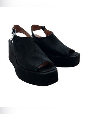 Max Mara Sportmax Black Suede Leather Peep Toe Platform Sandals Size 39 US 9